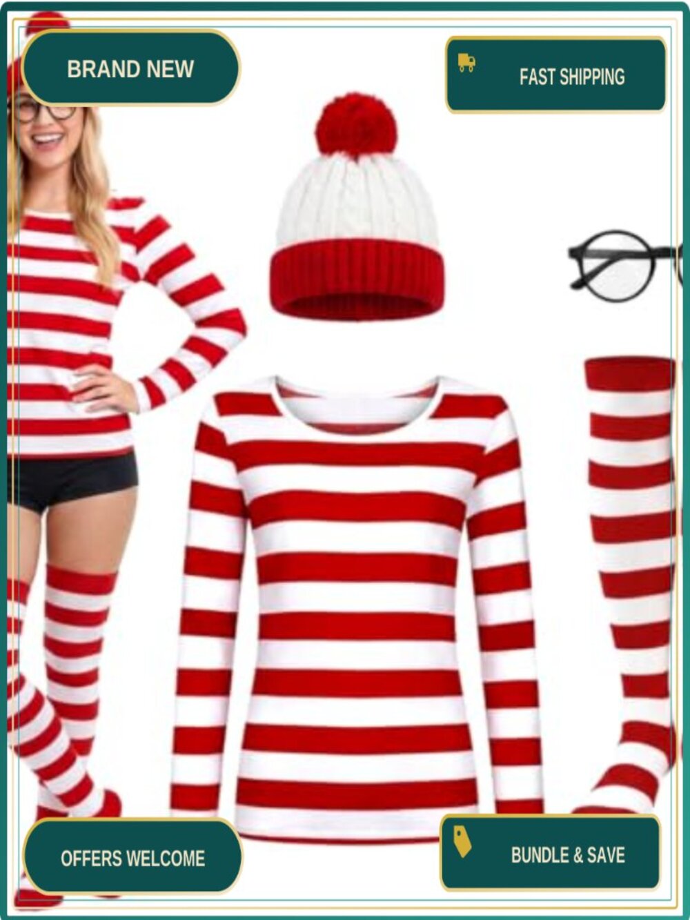 Women's Halloween Costume Set Long Sleeve Striped Top Stockings Cosplay Party